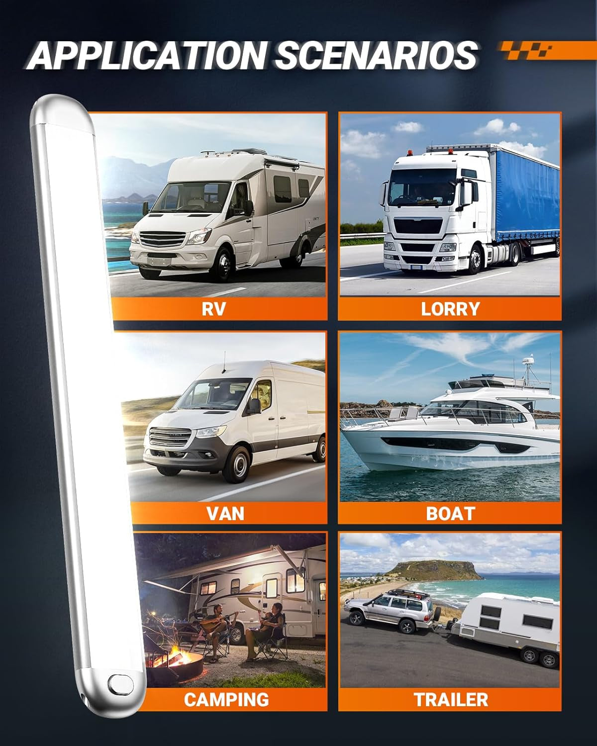 12V LED Interior Light Bar | 1500LM 8W 12V LED Light Strip 6200K White with On/Off Switch | Camper Lights Fixture for Truck Van RV Trailer Cargo Cabient Motorhome Lorry (Pack of 6)