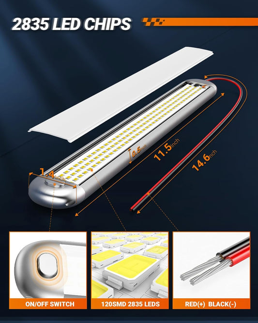 12V LED Interior Light Bar | 1500LM 8W 12V LED Light Strip 6200K White with On/Off Switch | Camper Lights Fixture for Truck Van RV Trailer Cargo Cabient Motorhome Lorry (Pack of 6)